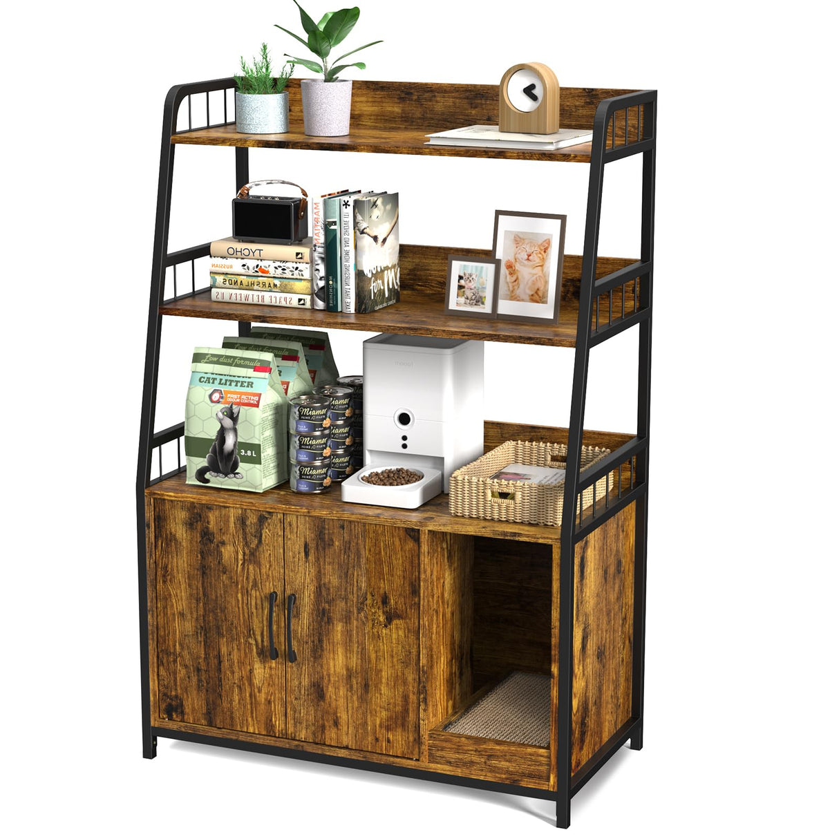 Cat Litter Box Enclosure with Shelves - Large Litter Box Enclosure with Cat Scratching Pad and Anti-Scratch, Vintage Wooden Hidden Cat Litter Box Furniture (Rustic Brown) EasyCom