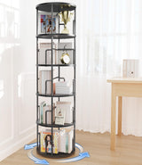 5 Tier Rotating Bookshelf Tower Round Black,62”Tall Standing Spinning Bookshelf Tower Anti-Tipping Design,Metal & Wood Revolving Bookcase Stackable Space Saving for Small Spaces,Study,Living Room Amzeth