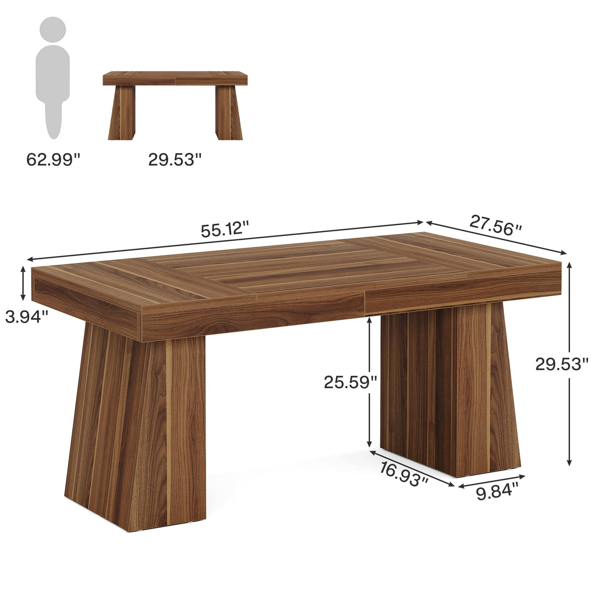 Tribesigns 55 Inches Executive Desk, Mid-Century Modern Home Office Desk with Double Trapezoid Base, Wood Computer Desk Business Workstation Desk Small Conference Table, Brown Tribesigns