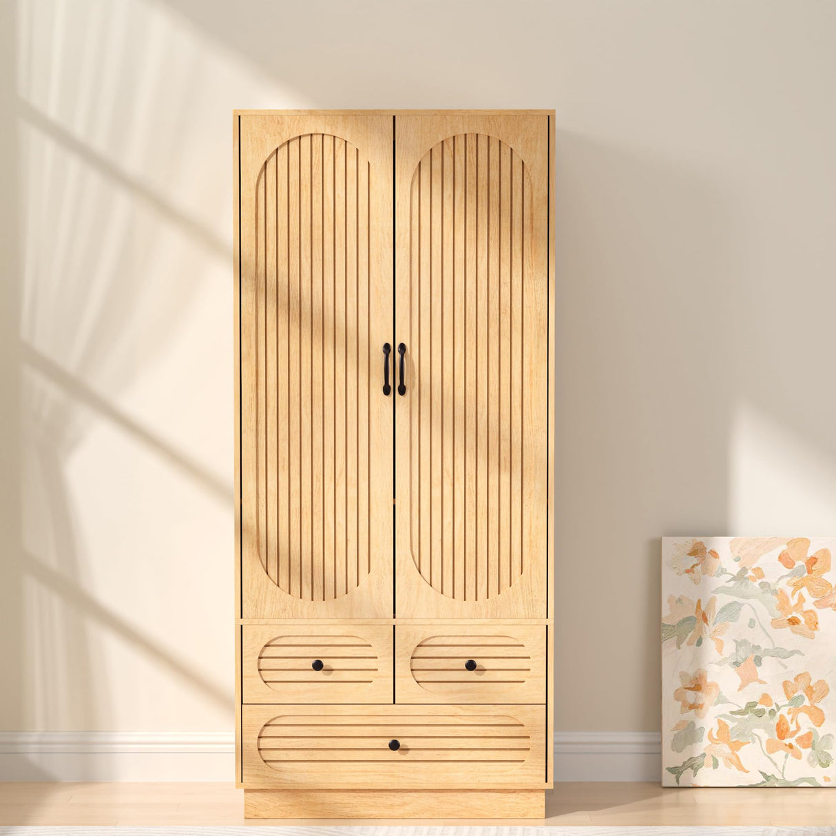 Wood Armoire Wardrobe Closet with Doors, Fluted Wardrobe Cabinet with 3 Drawers, Large Armoire Closet, Tall Clothing Storage Cabinet with Hanging Rod and Shelves, for Bedroom, Laundry, Natural Jluomei