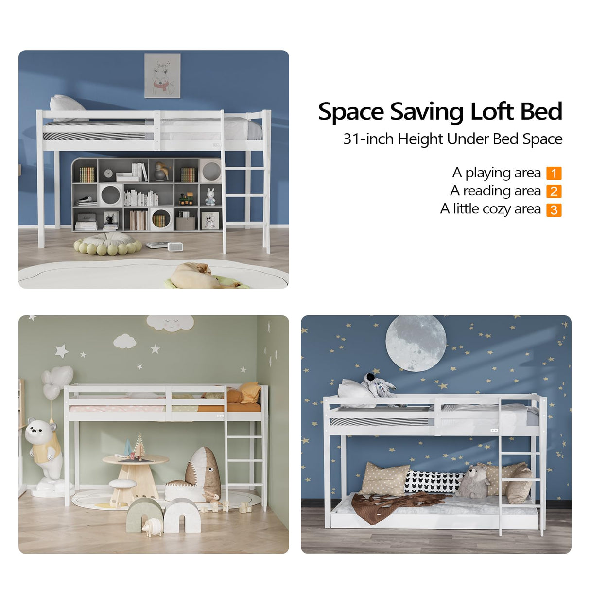 VINGLI 47'' Tall Junior Low Loft Bed with Stairs, White Wood Loft Bed Twin Size for Adults, Kids and Young Teens, No Box Spring Required,Wood Slat Support VINGLI