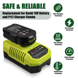 TOPBATT 2Pack P108 P102 3.0Ah Replacement for Ryobi 18V Battery and P117 Charger Combo Compatible with Ryobi 18 Volt Battery P103 P104 P105 P107 P109 P190 P191 P122 Cordless Tool TOPBATT