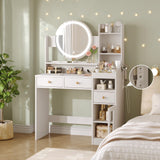 Vabches Vanity with Round Mirror and Lights,39 Inch Makeup Vanity Table with 3 Storage Compartments&Drawers,White Vanity with Glass Door Cabinet&Power Strip,Dressing Table for Bedroom Vabches