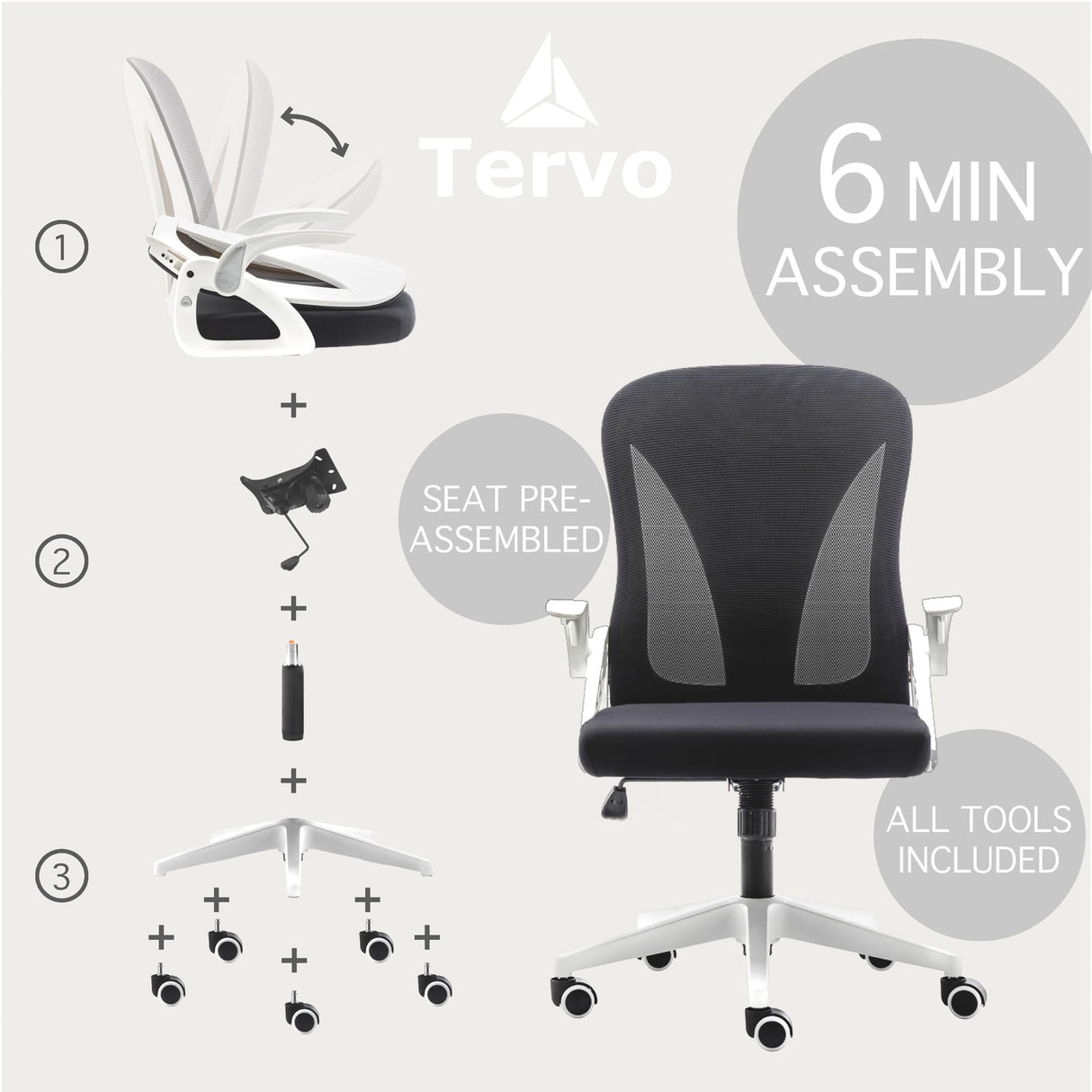 Tervo Model S | Folding Office Chair for Small Spaces | Gaming Chair for Adults & Kids | Ergonomic Mesh Computer Chair for Bedroom | Desk Chair for Home Work | (White & Black) Tervo
