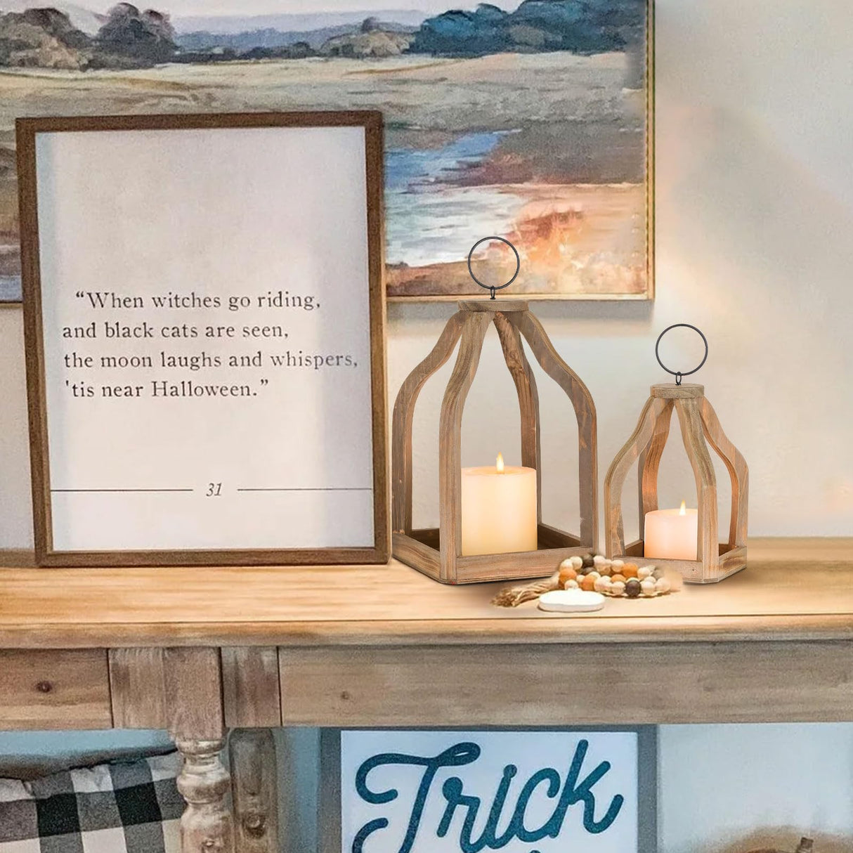 Staymoment Wood Decorative Candle Lanterns Set of 2, Indoor Farmhouse Hanging Candle Holder for Table Centerpiece Fireplace Mantle Shelf, 11" & 8" Bulk Rustic Home Decor Fall Ornaments, Brown Staymoment