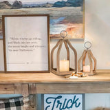 Staymoment Wood Decorative Candle Lanterns Set of 2, Indoor Farmhouse Hanging Candle Holder for Table Centerpiece Fireplace Mantle Shelf, 11" & 8" Bulk Rustic Home Decor Fall Ornaments, Brown Staymoment