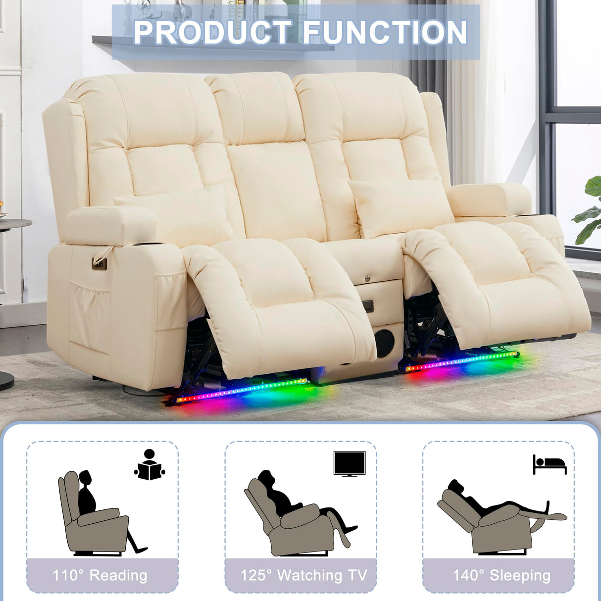 URRED Power Loveseat Recliner Sofa, RV Recliner Chair Home Theater Seating with Flipped Middle Backrest Console, LED Ambient Light, Bluetooth Speakers, USB, Built-in Outlets (Faux Leather, Beige) URRED