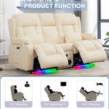 URRED Power Loveseat Recliner Sofa, RV Recliner Chair Home Theater Seating with Flipped Middle Backrest Console, LED Ambient Light, Bluetooth Speakers, USB, Built-in Outlets (Faux Leather, Beige) URRED