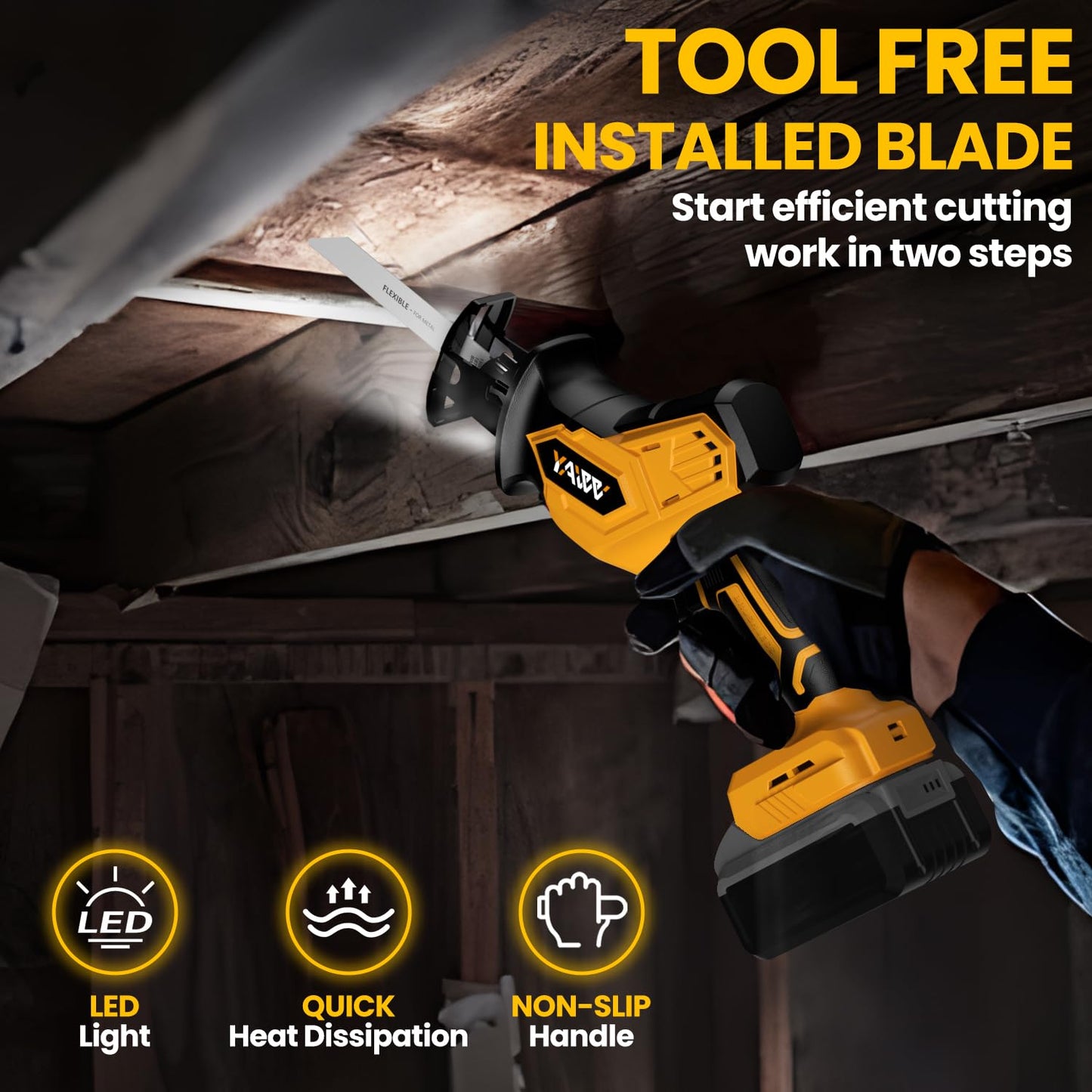 Cordless Reciprocating Saw for DeWalt 20V Battery, 3 Variable Speed 0-3500 Brushless Recipro Saw, Tool-free Blade Change, 4 Saw Blade Potable Recipro Saw kit for Wood/Metal/PVC Cuts - Tool On - WoodArtSupply