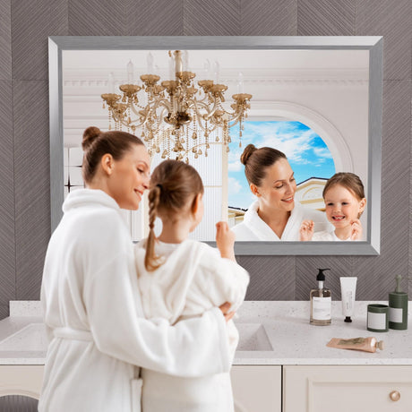Amorho 50x36 Inch Bathroom Mirror Silver, Thick Metal Framed Wall Mirrors for Over Sink, Brushed Nickel Mirror Perfect for Bedroom, Living Room, Entryway, Rectangle (Horizontal/Vertical). Amorho