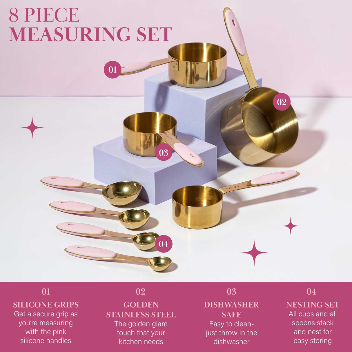 Paris Hilton Measuring Cups and Spoons Set, Stainless Steel with Pink Silicone Inset Handle, Dishwasher Safe, For Dry and Liquid Ingredients, 8-Piece Set, Gold and Pink Paris Hilton