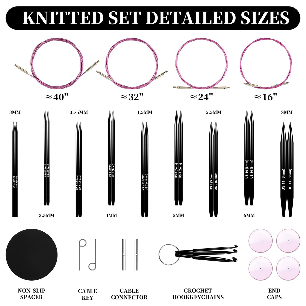 Froggod 4.53-inch (11.5cm) Interchangeable Circular Knitting Needles Set Aluminum US Sizes 2.5, 4, 5, 6, 7, 8, 9, 10, 11 with Interchangeable Knitting Needles and Cables, Accessories and Case, 9 Pairs Froggod