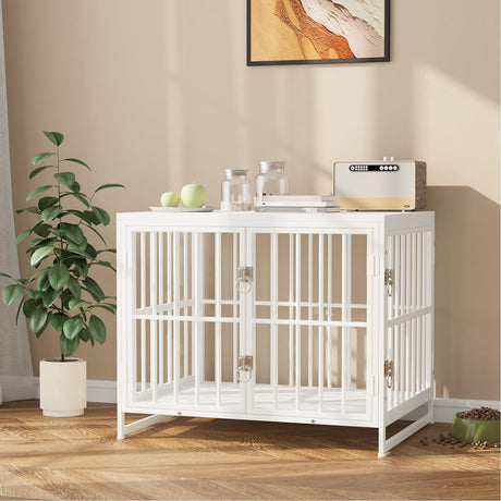 VOWNER 32 Inch Heavy Duty Dog Crate Furniture, Decorative Dog Kennel End Table, Wooden Pet House Indoor, Double Door with Double Locks, for Medium Dogs, 31.5" L X 23.6" W X 25.6" H, White VOWNER