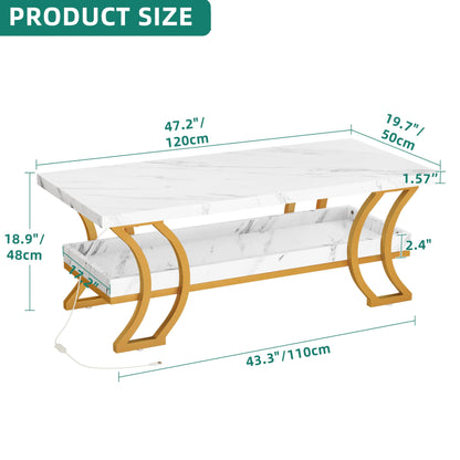 YITAHOME Coffee Table Modern Coffee Tables for Living Room White Marble Coffee Table Led Coffee Table with Storage 2-Tier Wood Center Table, Gold and White - WoodArtSupply