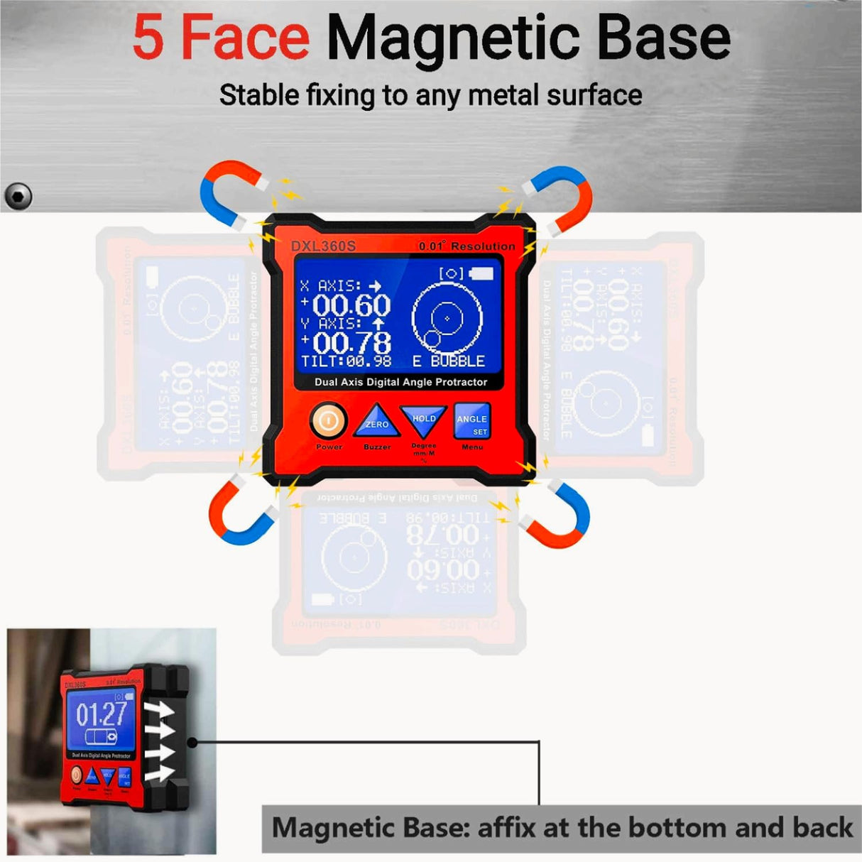 Digital Angle Finder Protractor DXL360S GYRO & Gravity 2 in 1 LCD Meter Magnetic Electronic Angle Gauge Dual Axis Level Box 0.01° Resolution Inclinometer with Backlight Woodworking Measuring Tool DLNLIY