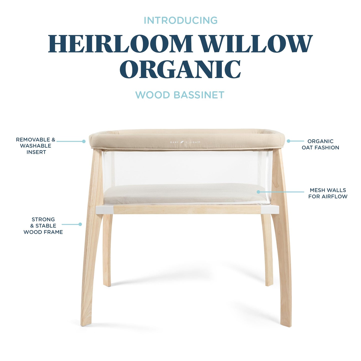 Baby Delight Heirloom Willow Wooden Bassinet | Bedside Sleeper & Baby Bassinet | 100% GOTS Certified Organic Cotton Fabric | Organic Oat