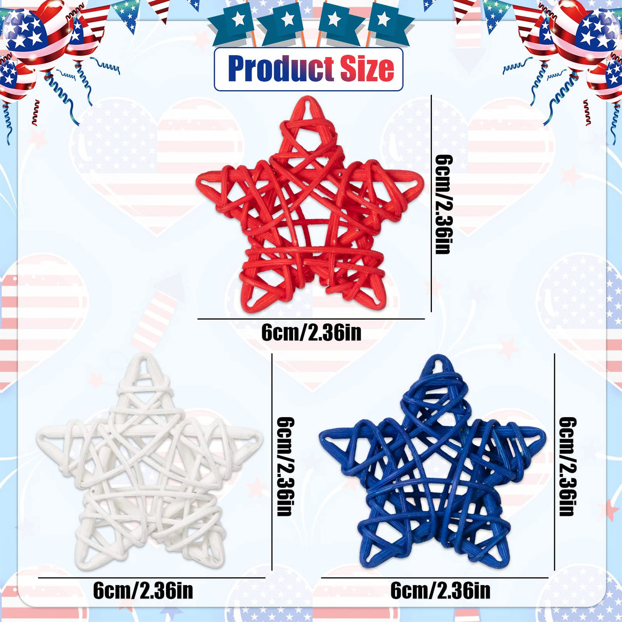 18pcs 4th of July Star Rattan Decoration, Red Blue White Stars for 4th of July Independence Day Home Decor DIY Craft Vase Bowl Filler Table Decoration GuassLee