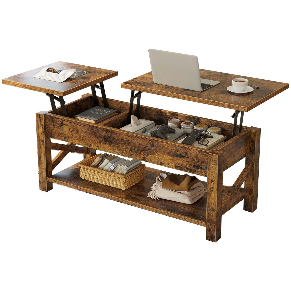 Rolanstar Coffee Table 47.2", 2 Way Lift Top Coffee Table with Hidden Compartment, Lift Top Coffee Table with Open Shelf & X Wooden Support, Center Table for Living Room, Rustic Brown Rolanstar