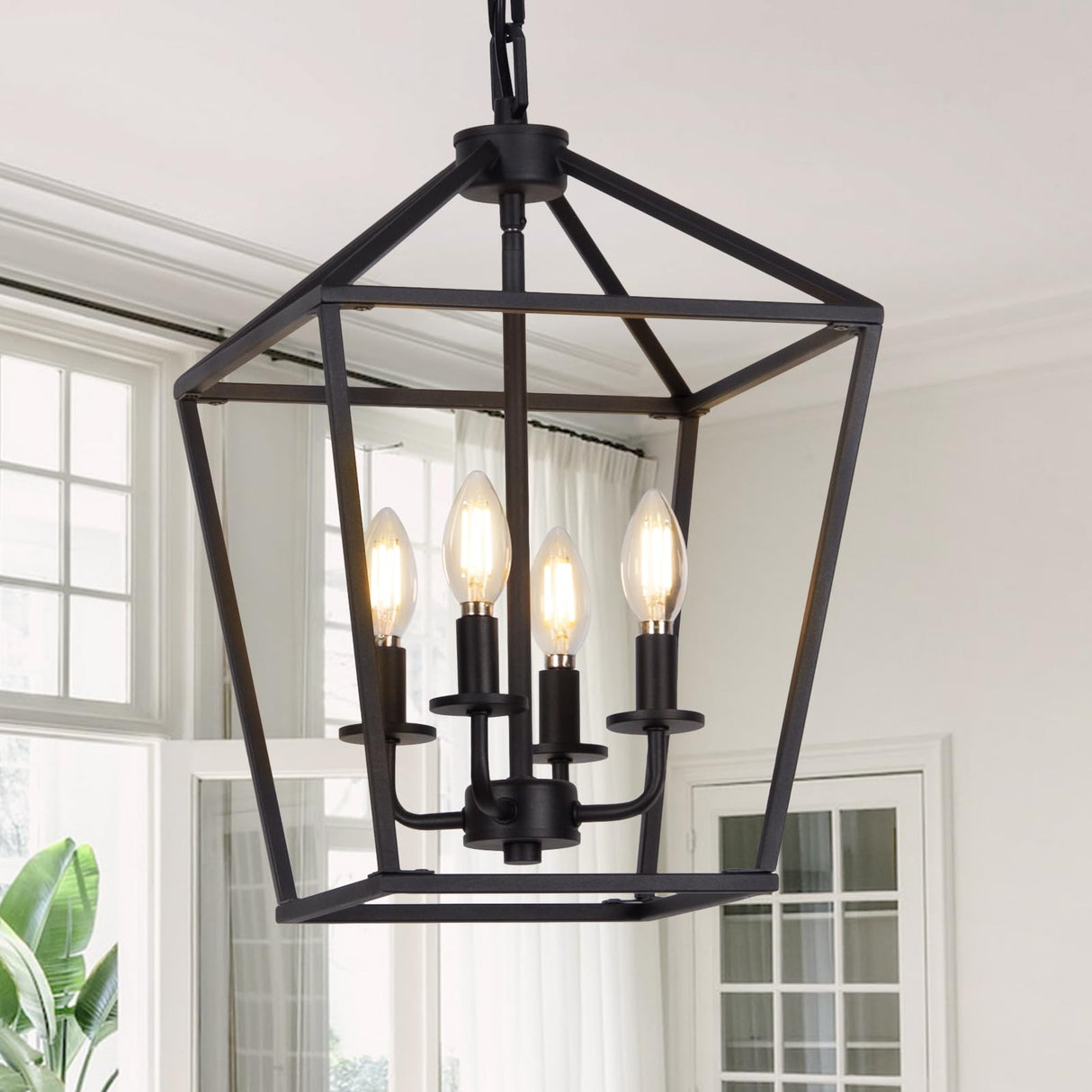 4 Light Chandelier, Industrial Ceiling Light Black Lantern Light Fixtures with Farmhouse Metal Cage Adjustable Height Rustic Geometric Hanging Light E12 Base for Kitchen Island, Entryway, Indoor Seaside village