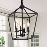 4 Light Chandelier, Industrial Ceiling Light Black Lantern Light Fixtures with Farmhouse Metal Cage Adjustable Height Rustic Geometric Hanging Light E12 Base for Kitchen Island, Entryway, Indoor Seaside village