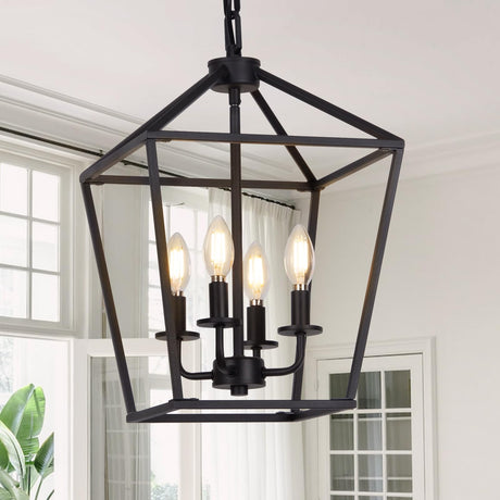 4 Light Chandelier, Industrial Ceiling Light Black Lantern Light Fixtures with Farmhouse Metal Cage Adjustable Height Rustic Geometric Hanging Light E12 Base for Kitchen Island, Entryway, Indoor Seaside village