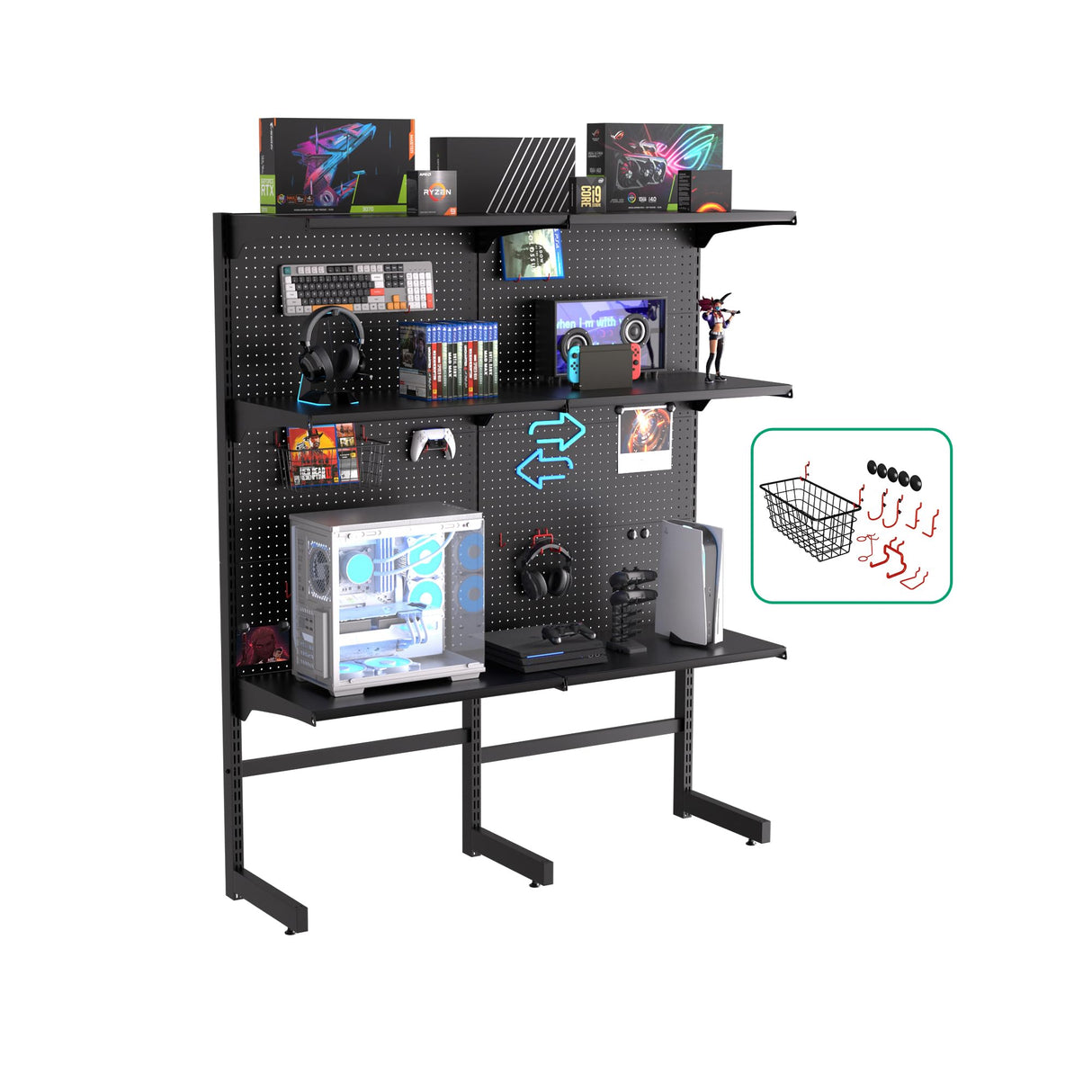 JWX DDB Gaming Pegboard Standing Shelf Units, Modular Pegboard and Shelf System with 15 Pieces Organizer Tool Holders JWX