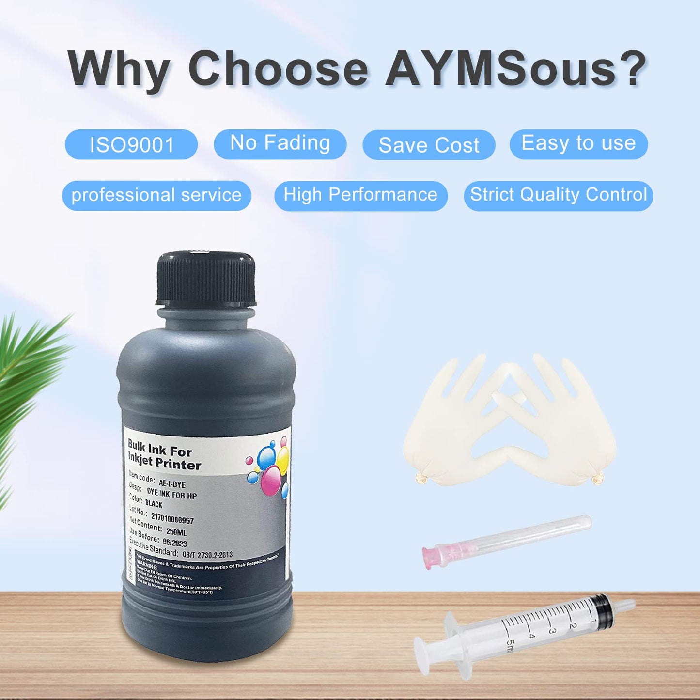 AYMSous Black Ink Refill Ink Kit Dye Ink 250ml for HP Inkjet Printers Refillable Cartridge CISS CIS System (9 oz) with Syringe & Glove