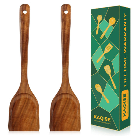 Handmade Wooden Spatulas for Cooking, Natural Teak Wooden Utensils, Smooth Finish Wooden Flat Cooking Spatula Turner Set (2Pcs) KAQISE