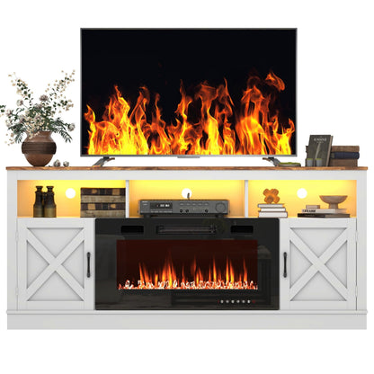 jiteentarou Farmhouse Fireplace TV Stand for 70/75/80 Inch TV, 32”Tall Entertainment Center w/ 36”Electric Fireplace & LED Light, 70”Media Console w/Barn Door Cabinet for Living Room, White