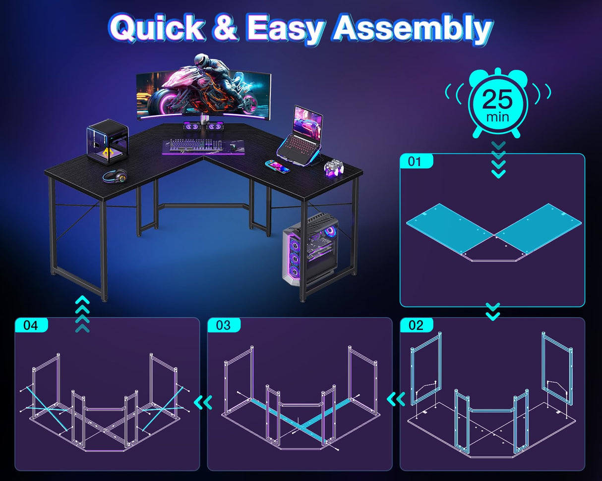 Casaottima L Shaped Gaming Desk, Corner Desk Gaming Table for Home Office, Computer Desk Sturdy Writing Workstation for Small Space, Easy to Assemble, 51 inch, Black Casaottima