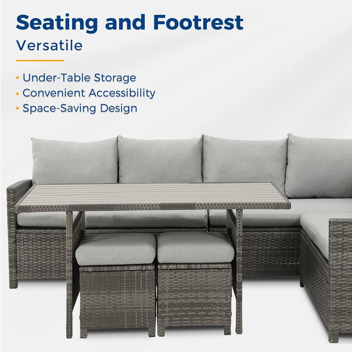 Wisteria Lane Patio Furniture Set, 7 Piece High Curved Back Outdoor Dining Sectional Sofa with Dining Table and Chair, All Weather Wicker Conversation Set with Ottoman, Grey Wisteria Lane