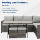 Wisteria Lane Patio Furniture Set, 7 Piece High Curved Back Outdoor Dining Sectional Sofa with Dining Table and Chair, All Weather Wicker Conversation Set with Ottoman, Grey Wisteria Lane