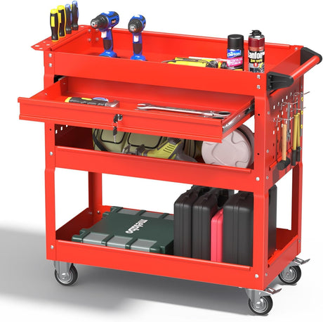 Pelnuies 3 Tray Tool Cart with Drawers, 400 LBS Capacity Rolling Tool Cart on Wheels, Heavy Duty Utility Cart with Pegboard, Mechanic Tool Storage Cart for Garage, Warehouse and Repair Shop, Red Pelnuies