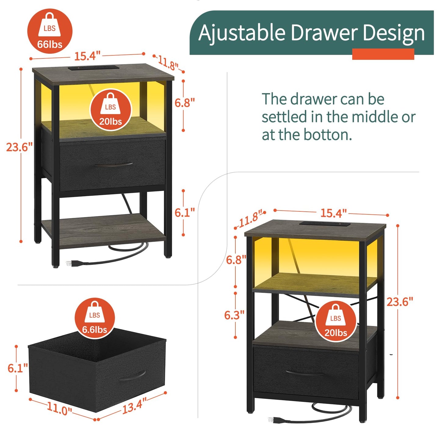 Yoobure Night Stand with Charging Station, LED Nightstand for Bedroom, Bedside Table with Adjustable Fabric Drawer, 3-Tier End Table Living Room, Small Side Table with Storage, Grey - WoodArtSupply