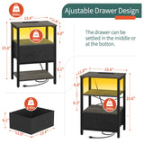 Yoobure Night Stand with Charging Station, LED Nightstand for Bedroom, Bedside Table with Adjustable Fabric Drawer, 3-Tier End Table Living Room, Small Side Table with Storage, Grey Yoobure