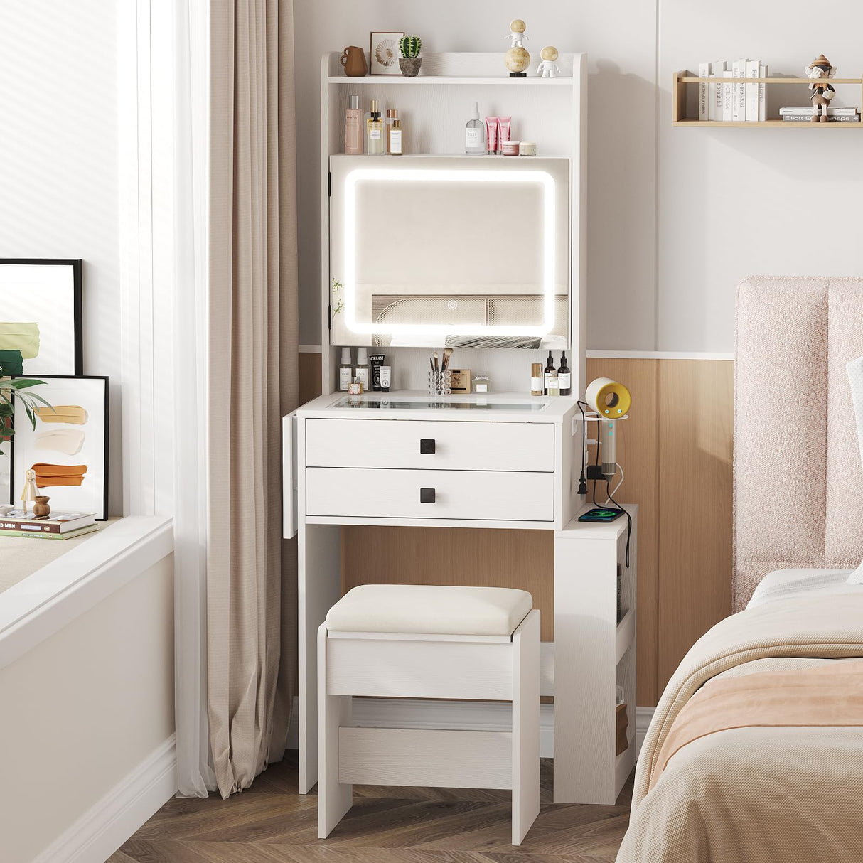 Vabches Small Makeup Vanity Desk with 3 Adjustable Lighted Mirror, White Vanity Set with Fold-up Panel and Charging Station, Glass Top Dressing Table with Drawers and Chair, 2 Hidden Storage Shelves Vabches