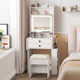 Vabches Small Makeup Vanity Desk with 3 Adjustable Lighted Mirror, White Vanity Set with Fold-up Panel and Charging Station, Glass Top Dressing Table with Drawers and Chair, 2 Hidden Storage Shelves Vabches