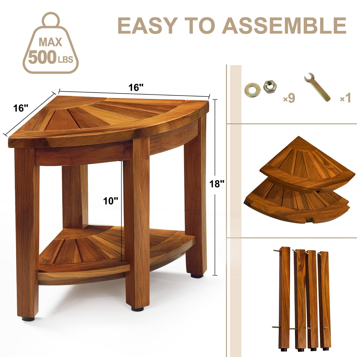 TEAKMAMA Teak Shower Bench 18” Shower Benches for Inside Shower Corner Bench Teak Shower Stool Seat Bathroom Bench with Storage Shelf, Assembly Required TEAKMAMA