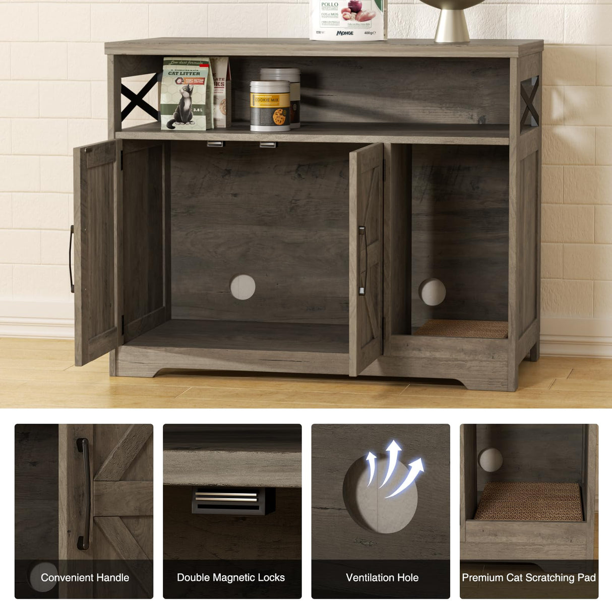 Halitaa Cat Litter Box Enclosure,Hidden Litter Box Furniture Cat Washroom with Cat Scratch Pad,Farmhouse Indoor Cat House End Table,Grey Halitaa