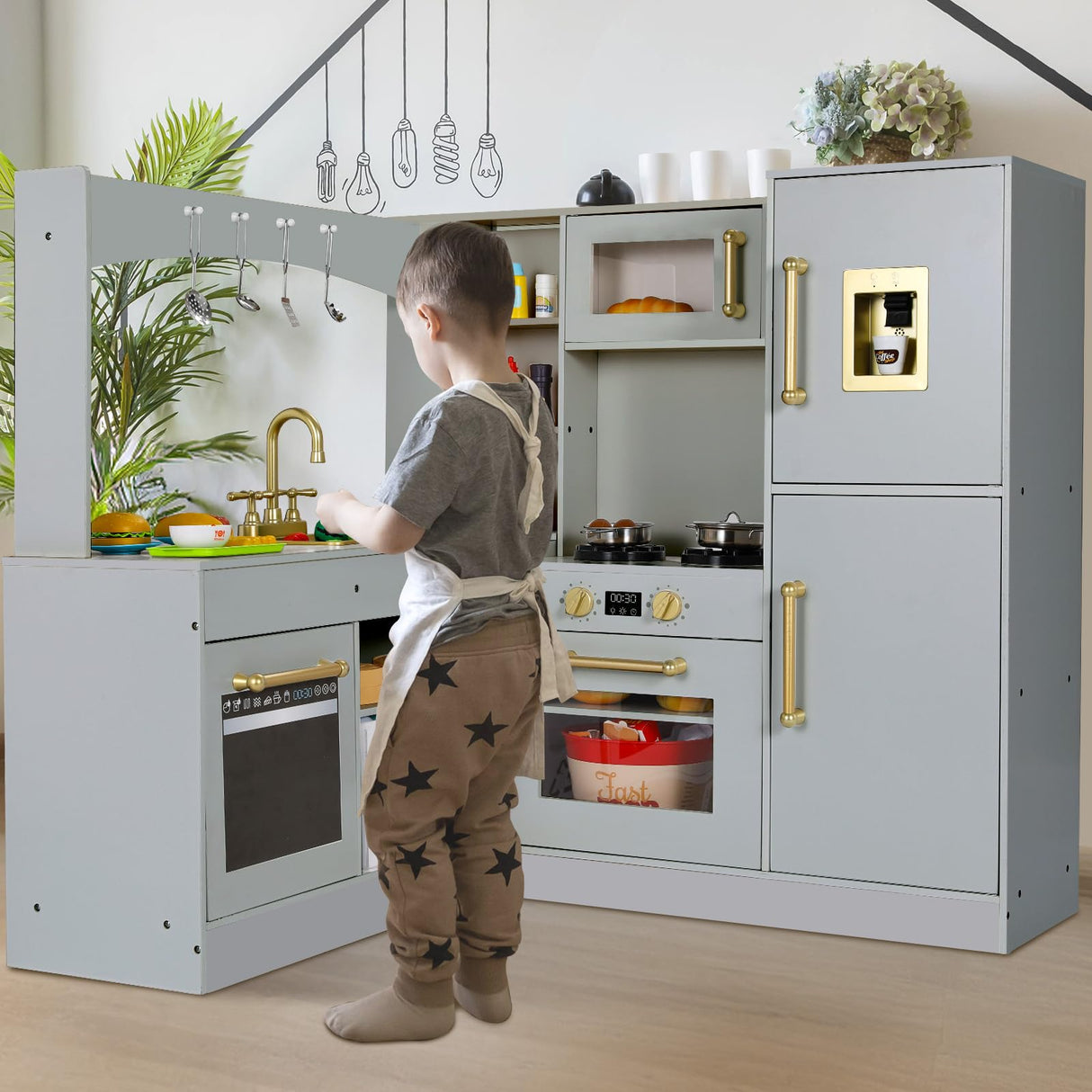 MAMIZO Corner Play Kitchen for Kids, Wooden Pretend Toy Kitchen, Large Toodler Cooking Playset w/Refrigerator, Stove w/Light & Sound, Disinfection Locker, Water Dispenser, Sink, Home Modern (Gray) MAMIZO