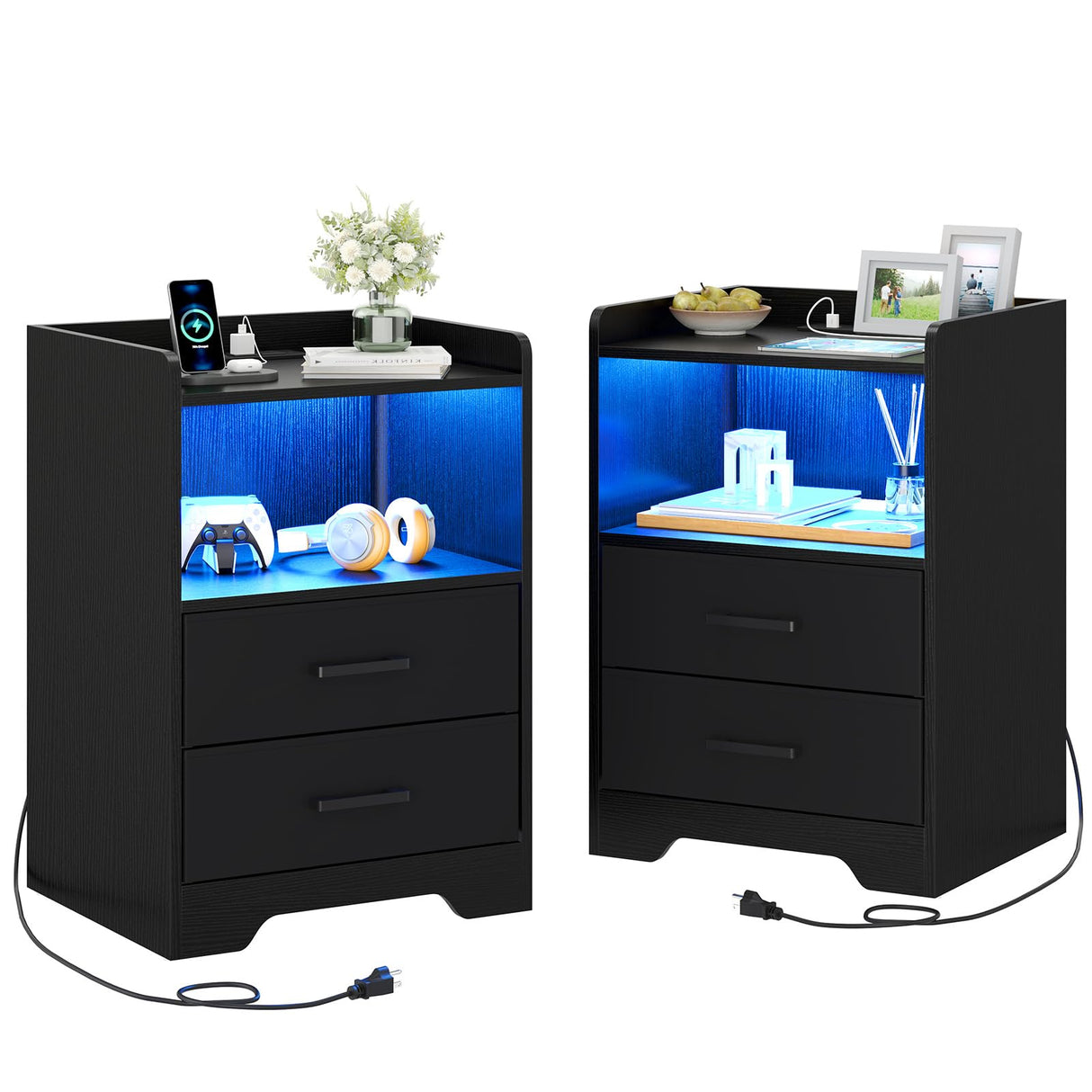 Hasuit Night Stand Set of 2 with LED Lights and Charging Station, Modern Bedside End Table with 2 Fabric Storage Drawers, Black Nightstands for Bedroom Hasuit