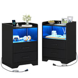 Hasuit Night Stand Set of 2 with LED Lights and Charging Station, Modern Bedside End Table with 2 Fabric Storage Drawers, Black Nightstands for Bedroom Hasuit