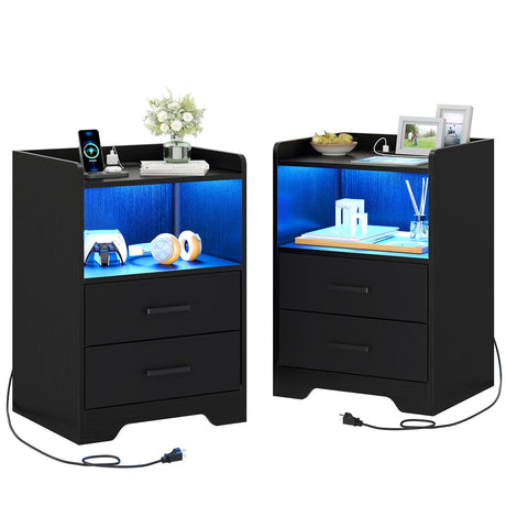 Hasuit Night Stand Set of 2 with LED Lights and Charging Station, Modern Bedside End Table with 2 Fabric Storage Drawers, Black Nightstands for Bedroom Hasuit