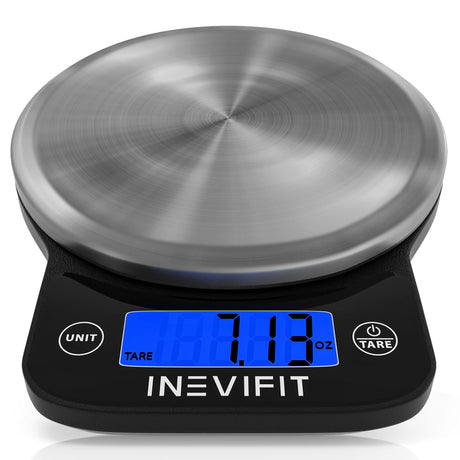 INEVIFIT Digital Kitchen Scale, Highly Accurate Multifunction Food Scale 13 lbs 6kgs Max, Clean Modern Black with Premium Stainless Steel Finish. Includes Batteries INEVIFIT