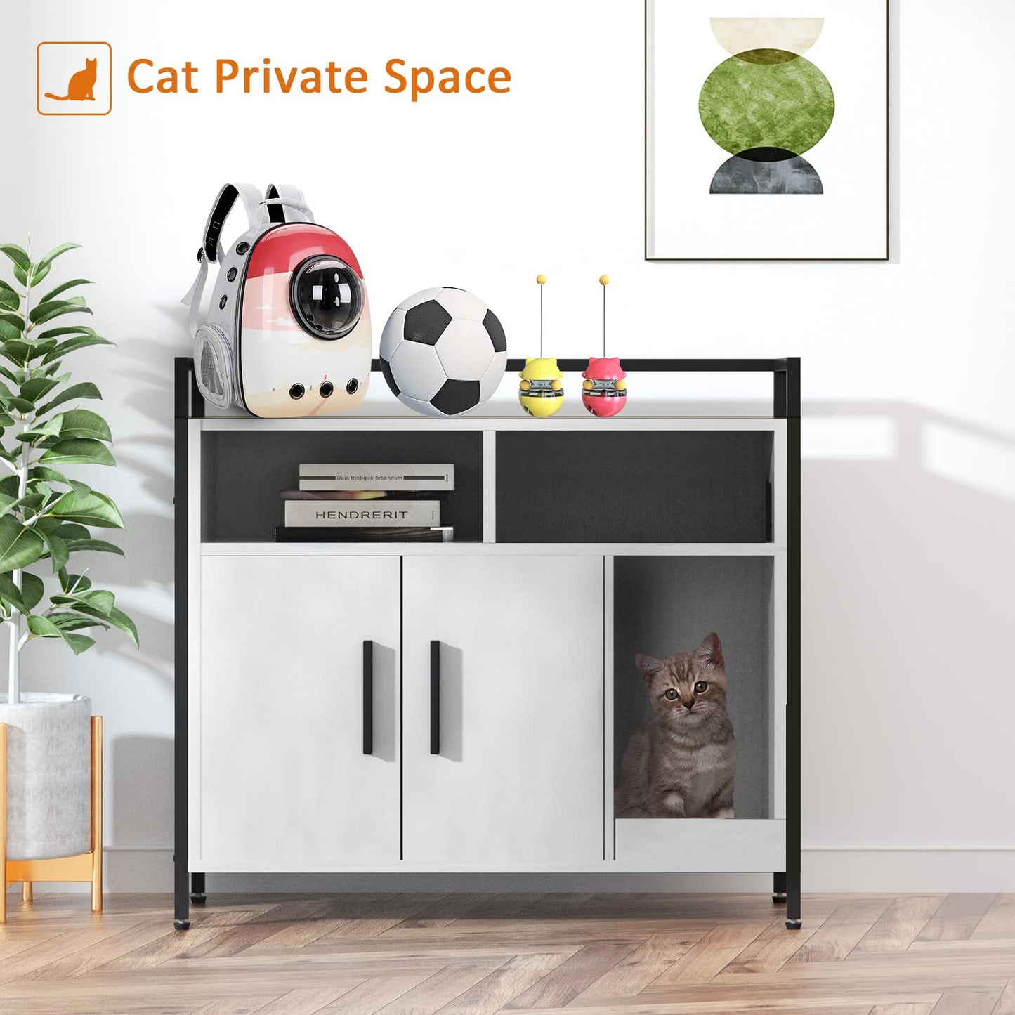 Bonzy Home Cat Litter Box Enclosure, Hidden Litter Box Furniture with Scratch Cat Washroom Storage with Storgae Shelf White