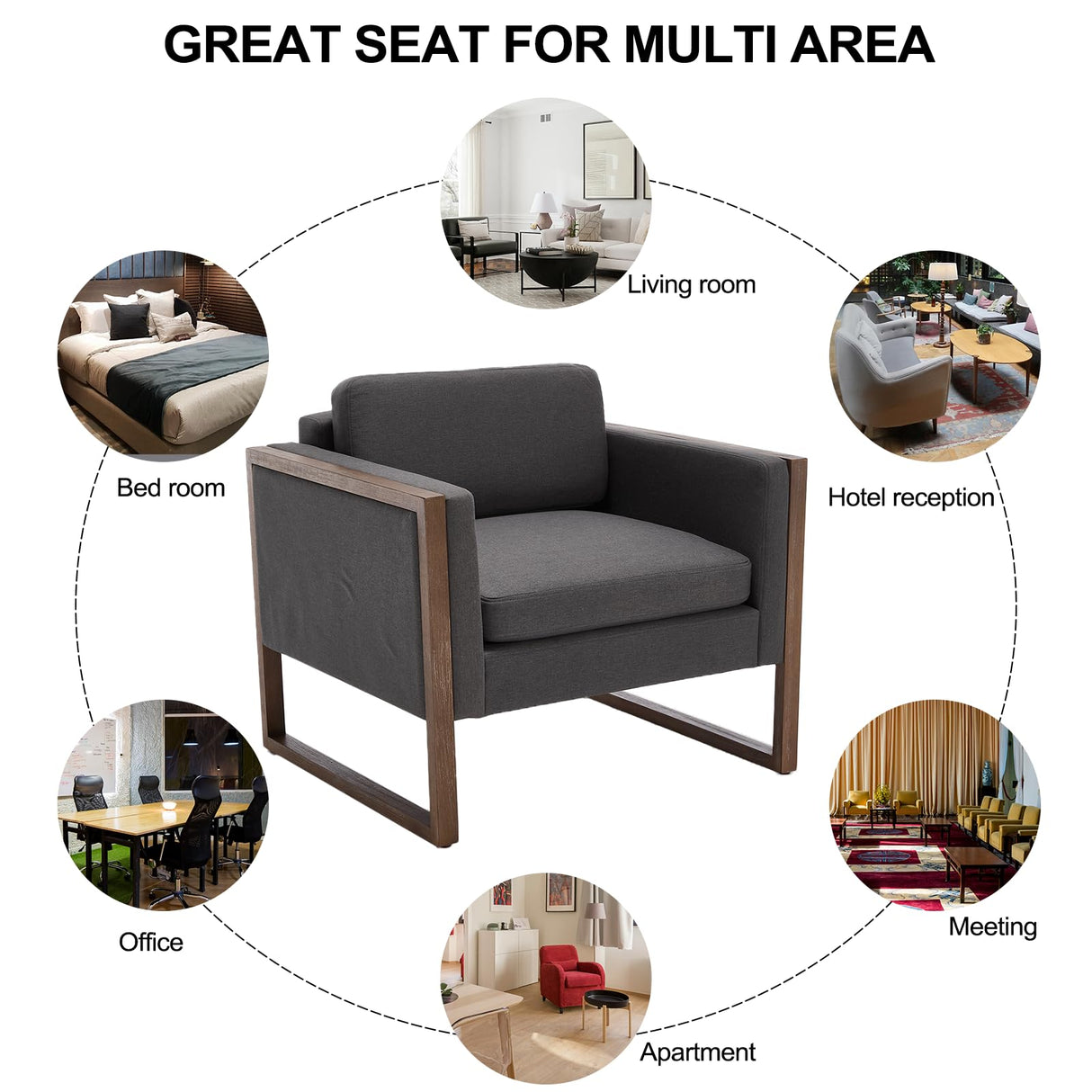 Kmax Modern Accent Chairs Set of 2, Charcoal Fabric Upholstered Club Chair, Comfy Arm Reception Chairs Living Room Chair for Hotel Conference, Walnut Wood Kmax