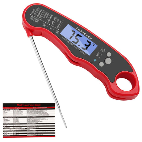 Lonicera Digital Meat Thermometer for Food Cooking. Waterproof & Instant Read for Kitchen Baking, BBQ. with Foldable Probe, Backlight & Calibration (Red) LONICERA