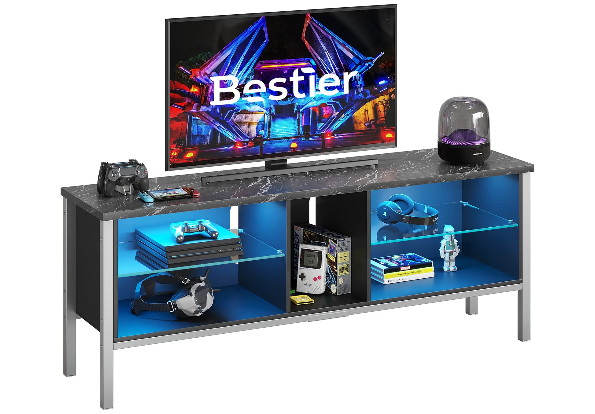 Bestier TV Stand for 70 inch TV, Modern Marble Gaming Entertainment Center with LED Lights, Wood TV Stand with Glass Shelves for Living Room Bedroom, Black Marble - WoodArtSupply