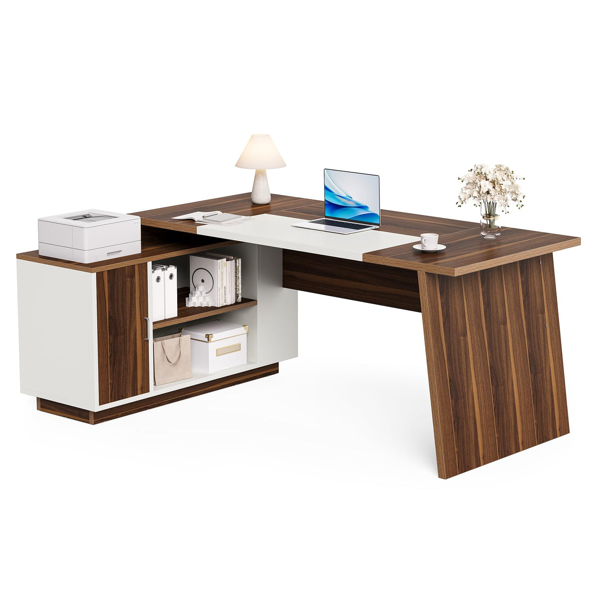 LITTLE TREE 70.5-Inch Executive Desk, Large Home Office Desk with Storage Cabinet and Open Shelves, L-Shaped Computer Corner Desk, Workstation for Office Home, Walnut and Black LITTLE TREE