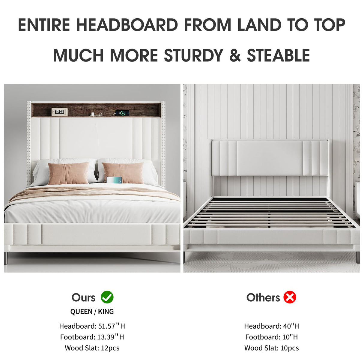 Fameill King Size LED Bed Frame with 51.6" Tall Headboard, Upholstered Platform Bed with Charging Station & Storage, No Box Spring Needed, Easy Assembly, Sturdy and Noise-Free, Beige Fameill